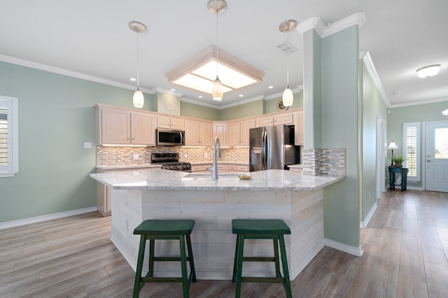 kitchen featuring tasteful backsplash, stainless steel appliances, light wood-style floors, and light stone countertops