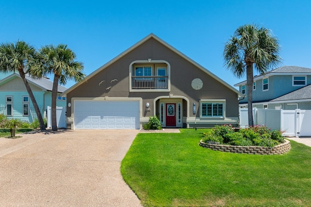 view of front of house featuring stucco siding, driveway, a gate, a front lawn, and fence