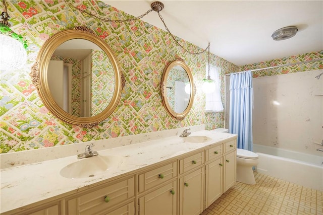 4826 Olympia Dr, Corpus Christi, TX 78413 - bathroom with wallpapered walls, double vanity, and shower / bath combination with curtain