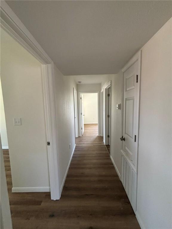 4342 Amherst Dr, Corpus Christi, TX 78412 - hallway with baseboards and dark wood-style flooring