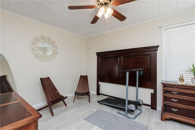 10639 Emmord Loop, Corpus Christi, TX 78410 - exercise room featuring ornamental molding, light wood finished floors, a ceiling fan, and baseboards