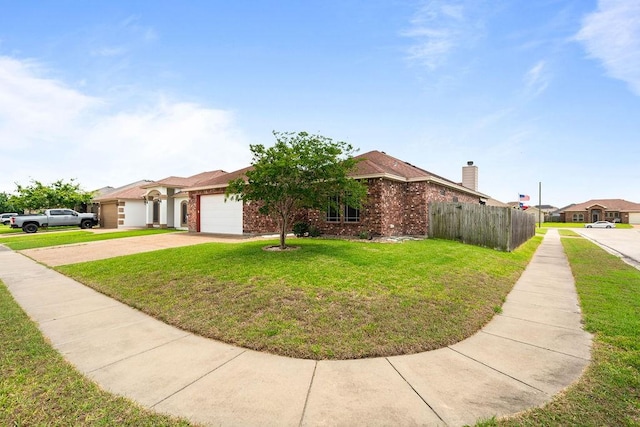view of front facade with brick siding, a garage, fence, and driveway