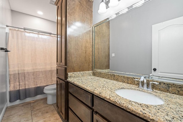 bathroom with vanity, shower / bathtub combination with curtain, tile patterned floors, and toilet