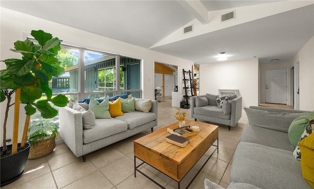 tiled living room featuring lofted ceiling with beams