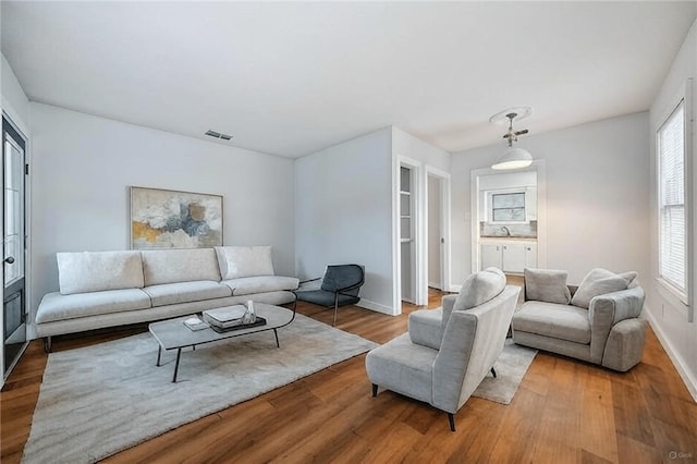 living room with wood finished floors, a healthy amount of sunlight, and baseboards