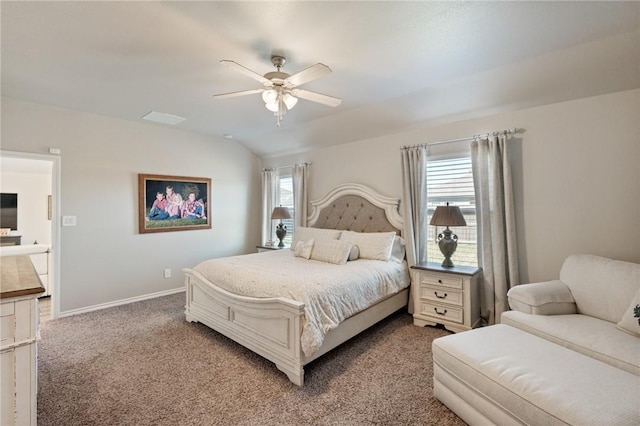 bedroom with carpet floors, visible vents, a ceiling fan, vaulted ceiling, and baseboards