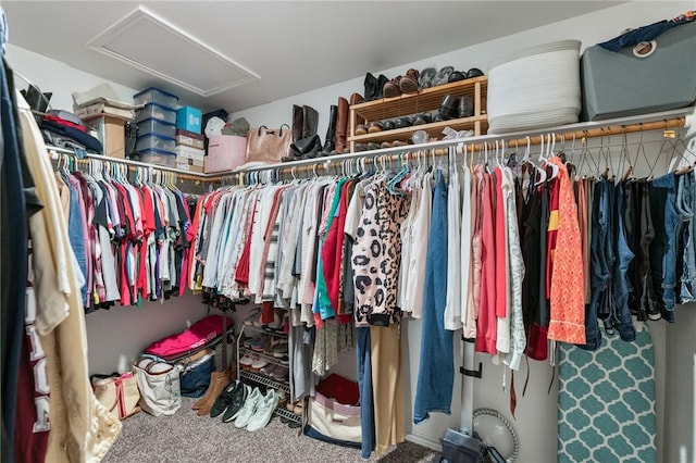 walk in closet featuring carpet floors and attic access