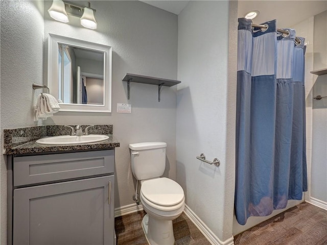 bathroom with wood-type flooring, vanity, toilet, and curtained shower