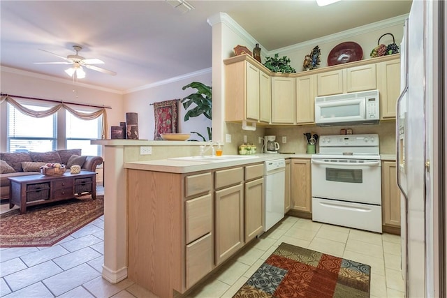 kitchen featuring kitchen peninsula, white appliances, decorative backsplash, light brown cabinetry, and ornamental molding