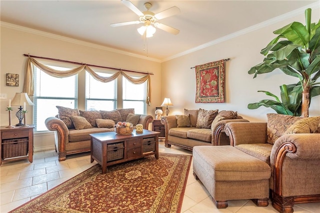 living room featuring ceiling fan, ornamental molding, and light tile patterned flooring