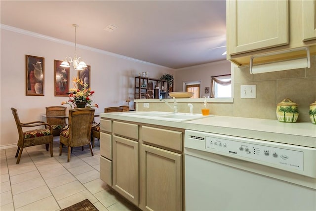 kitchen with dishwasher, sink, light tile patterned floors, decorative light fixtures, and a chandelier