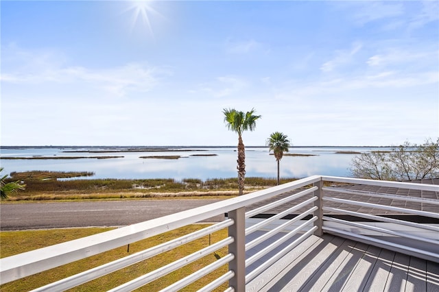 exterior space with a water view