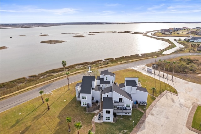 drone / aerial view featuring a water view