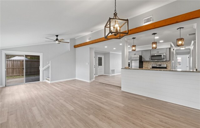 1333 Prince Dr, Corpus Christi, TX 78412 - unfurnished living room featuring light wood-style floors, ceiling fan, baseboards, recessed lighting, and crown molding