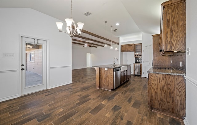 kitchen featuring backsplash, dishwasher, open floor plan, and dark wood-style flooring