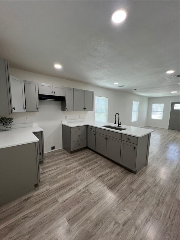 kitchen featuring light hardwood / wood-style floors, gray cabinetry, sink, and kitchen peninsula