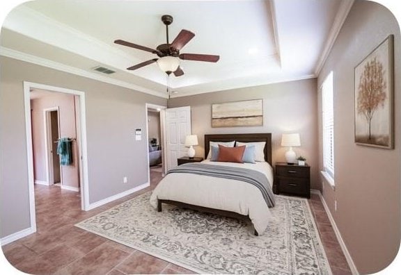 14426 Pentridge Dr, Corpus Christi, TX 78410 - bedroom with a raised ceiling, ornamental molding, and ceiling fan