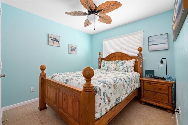 bedroom featuring ceiling fan, baseboards, and light tile patterned floors