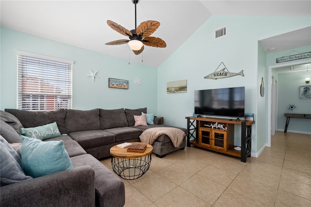 living room featuring light tile patterned floors, ceiling fan, visible vents, and baseboards