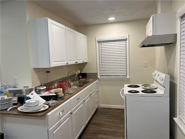 5417 Bonner Dr, Corpus Christi, TX 78411 - kitchen featuring white electric range, under cabinet range hood, white cabinetry, and dark wood finished floors