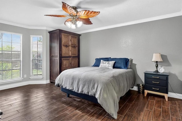 7609 Stony Brook Dr, Corpus Christi, TX 78413 - bedroom with dark wood finished floors, crown molding, and ceiling fan
