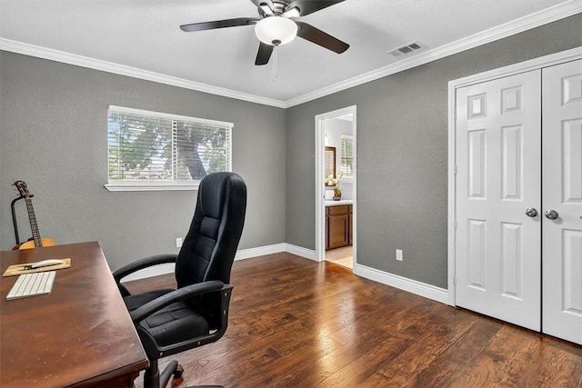 7609 Stony Brook Dr, Corpus Christi, TX 78413 - office with a ceiling fan, crown molding, wood finished floors, and a textured wall
