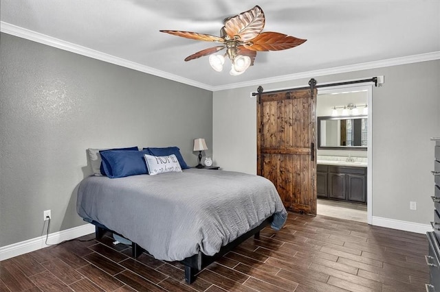 7609 Stony Brook Dr, Corpus Christi, TX 78413 - bedroom featuring wood finished floors, a barn door, ornamental molding, ensuite bath, and ceiling fan