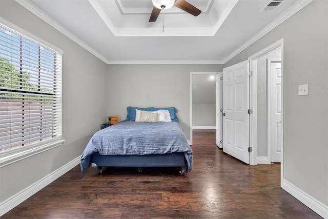 7609 Stony Brook Dr, Corpus Christi, TX 78413 - bedroom featuring a raised ceiling, wood finished floors, and ceiling fan