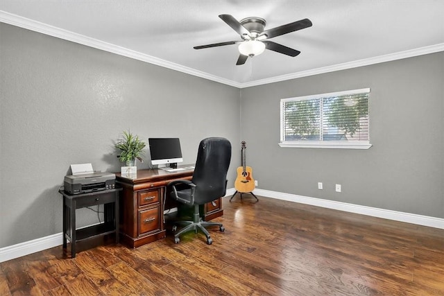 7609 Stony Brook Dr, Corpus Christi, TX 78413 - office area with ornamental molding, dark wood finished floors, and a ceiling fan