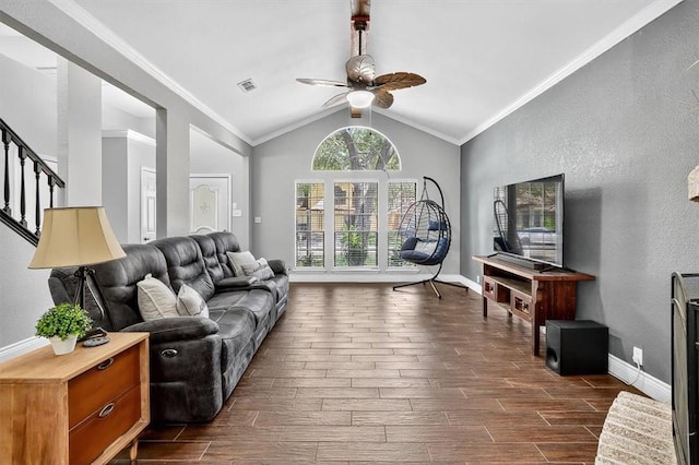 7609 Stony Brook Dr, Corpus Christi, TX 78413 - living room featuring a ceiling fan, dark wood-style flooring, lofted ceiling, stairs, and a textured wall