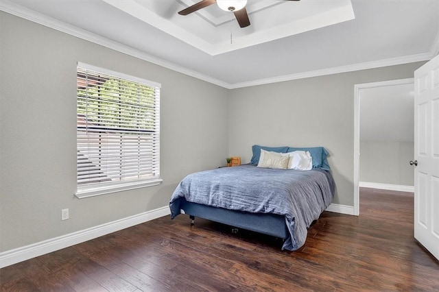 7609 Stony Brook Dr, Corpus Christi, TX 78413 - bedroom with a tray ceiling, wood finished floors, a ceiling fan, and crown molding