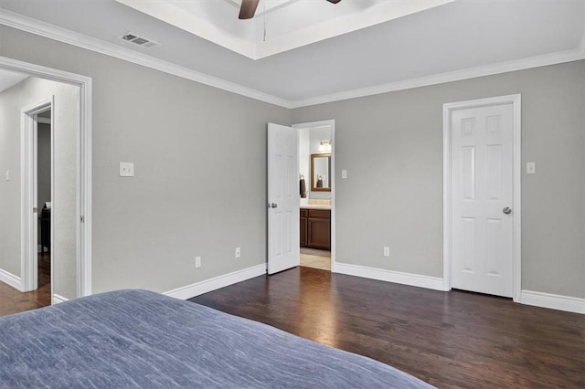 7609 Stony Brook Dr, Corpus Christi, TX 78413 - bedroom featuring wood finished floors, ornamental molding, ensuite bathroom, and a ceiling fan