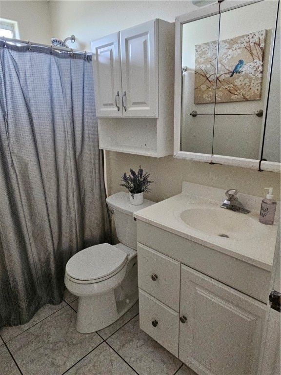 full bathroom with toilet, vanity, shower / bath combination with curtain, and tile patterned flooring