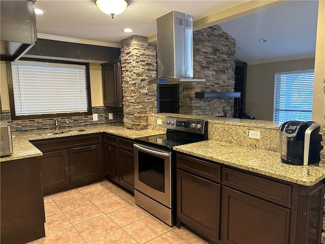 kitchen with sink, crown molding, wall chimney range hood, backsplash, and stainless steel electric stove