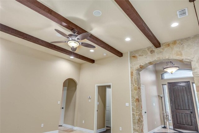 3722 Lake Hawkins Ct, Robstown, TX 78380 - entryway with arched walkways, beam ceiling, a ceiling fan, and recessed lighting