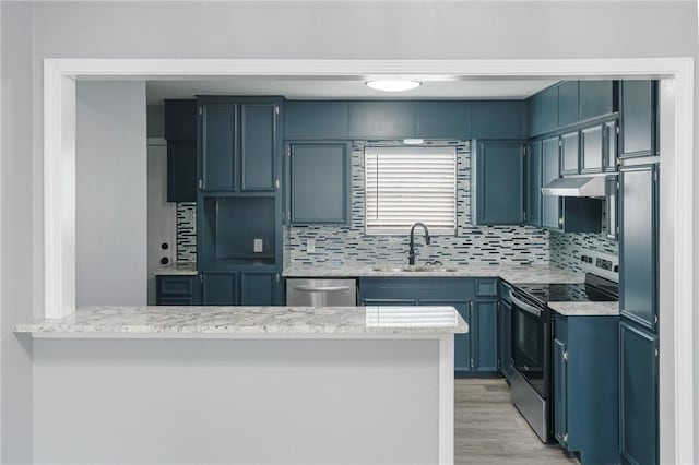 kitchen featuring under cabinet range hood, a peninsula, a sink, appliances with stainless steel finishes, and backsplash