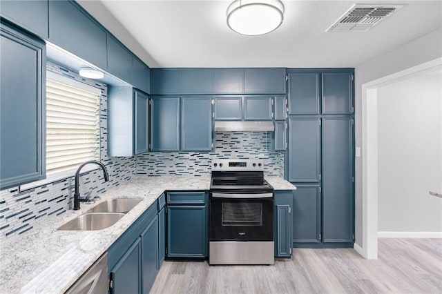 kitchen with visible vents, blue cabinetry, a sink, and stainless steel range with electric stovetop