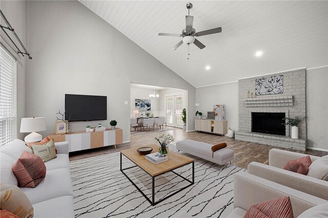 4026 Brownwood, Corpus Christi, TX 78410 - living area featuring high vaulted ceiling, healthy amount of natural light, wood finished floors, a ceiling fan, and recessed lighting