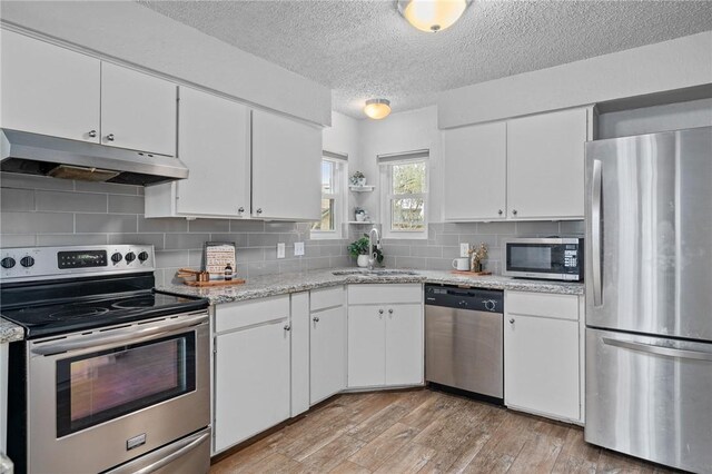 4026 Brownwood, Corpus Christi, TX 78410 - kitchen with appliances with stainless steel finishes, under cabinet range hood, a sink, light wood finished floors, and white cabinetry