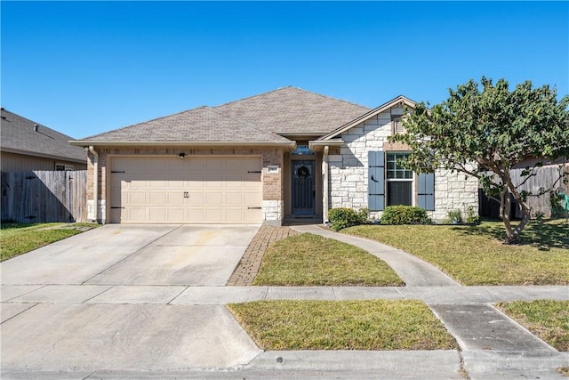 ranch-style house featuring a garage and a front yard