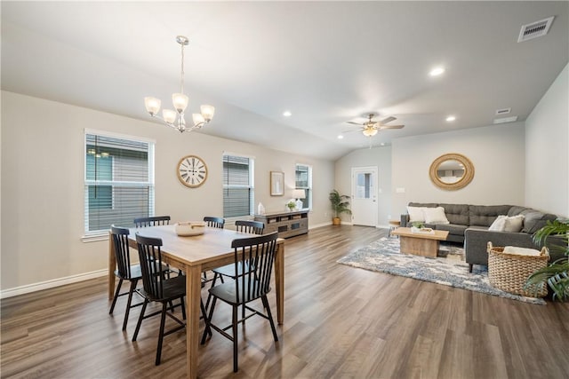 1142 Breebry Dr, Corpus Christi, TX 78415 - dining area featuring ceiling fan, wood finished floors, a chandelier, recessed lighting, and vaulted ceiling