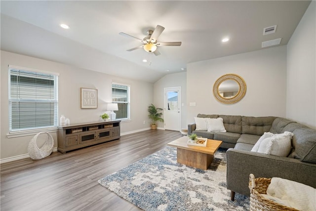 1142 Breebry Dr, Corpus Christi, TX 78415 - living area featuring ceiling fan, wood finished floors, vaulted ceiling, and recessed lighting