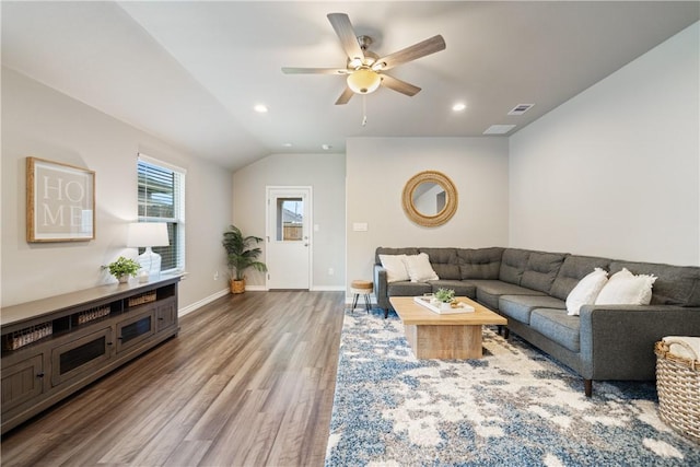 1142 Breebry Dr, Corpus Christi, TX 78415 - living room with wood finished floors, vaulted ceiling, ceiling fan, and recessed lighting