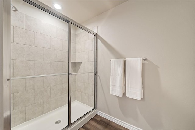 1142 Breebry Dr, Corpus Christi, TX 78415 - bathroom featuring a shower stall and wood finished floors