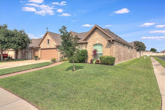 view of front of property with a front lawn and a garage