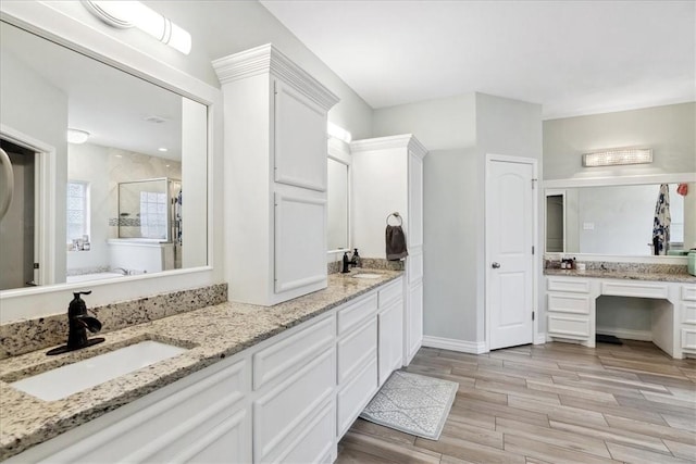 bathroom with vanity and plus walk in shower