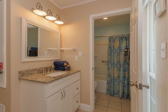 full bathroom featuring crown molding, vanity, tile patterned floors, toilet, and shower / bath combo with shower curtain