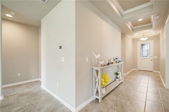 2538 Las Estrellas St, Corpus Christi, TX 78414 - foyer entrance with crown molding, baseboards, recessed lighting, and coffered ceiling
