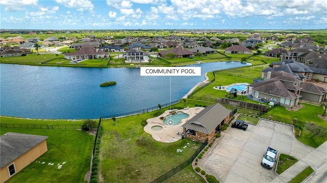 birds eye view of property featuring a water view and a residential view