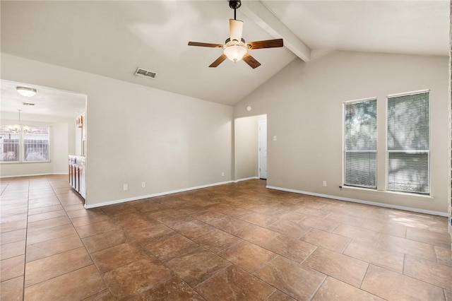 unfurnished room with high vaulted ceiling, ceiling fan with notable chandelier, baseboards, beam ceiling, and visible vents